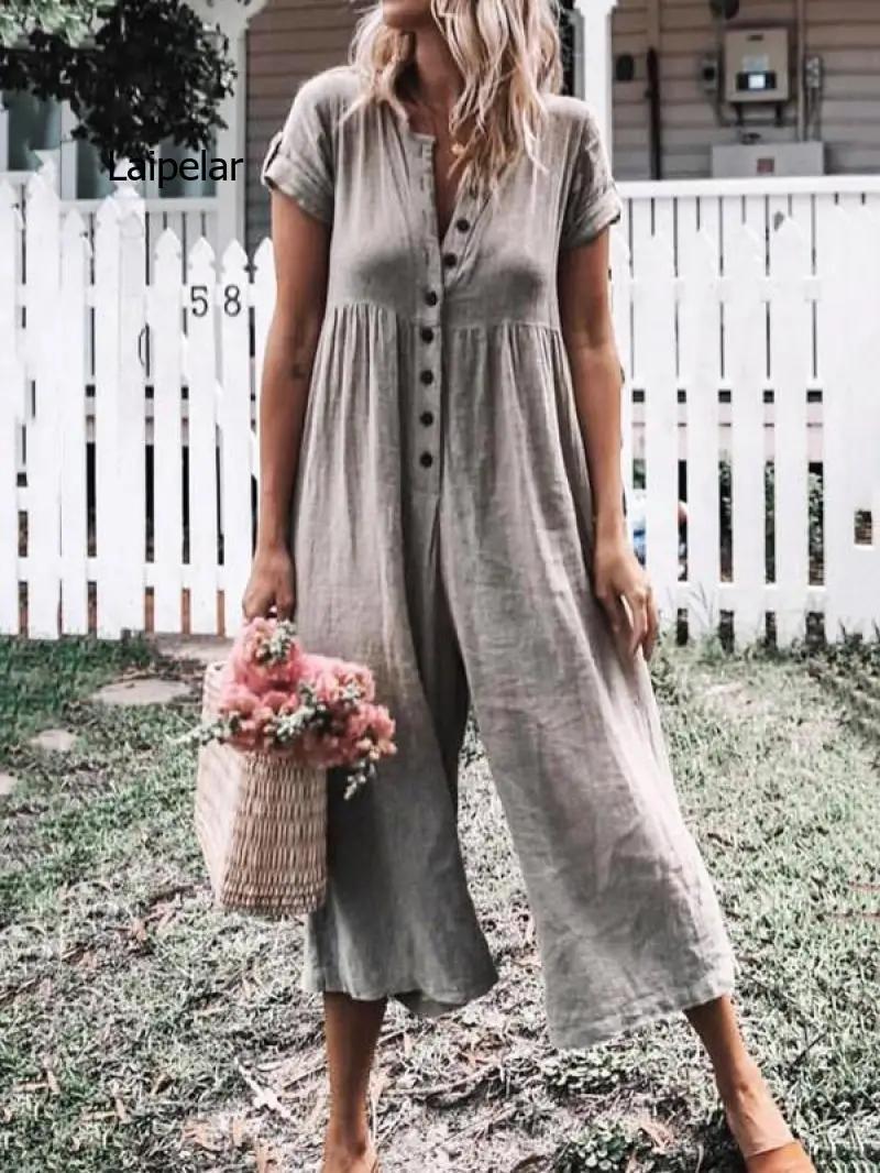 2022 Summer Vintage Women Short Sleeve Jumpsuit Casual Solid Buttons Playsuits Loose Wide Leg Pants  Overalls